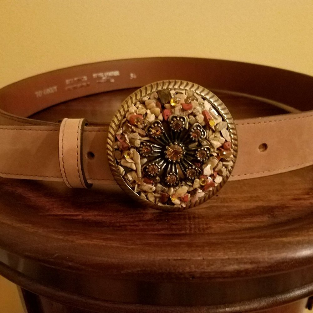 Tan leather belt with one of a kind stone and jewel buckle